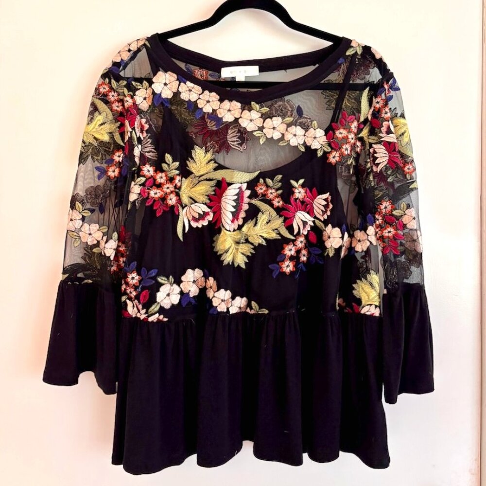 Anthropologie Embroidered Floral Mesh Peplum Blouse - Eri + Ali Size L